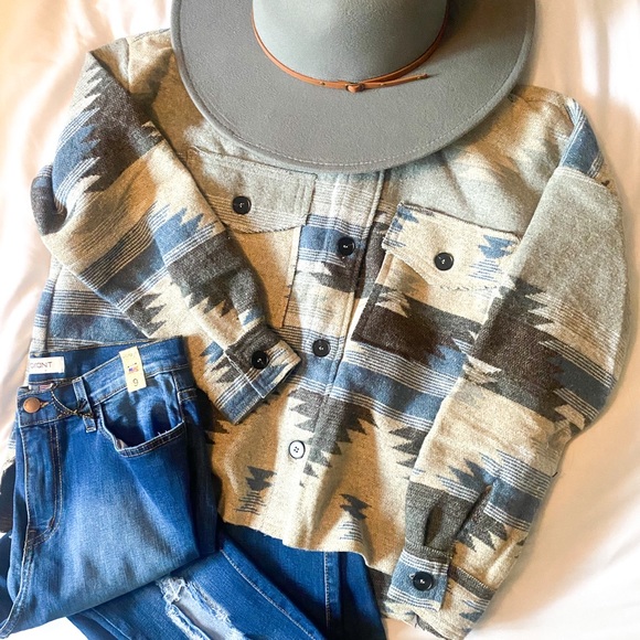 Jackets & Blazers - SOLD OUT Eldora Aztec Tribal Distressed Western Shacket Shirt Button Up Jacket